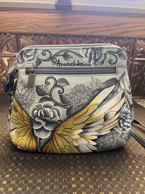 Anuschka Painted Leather Crossbody Bag in Yellow and Gray Floral Wing Motif